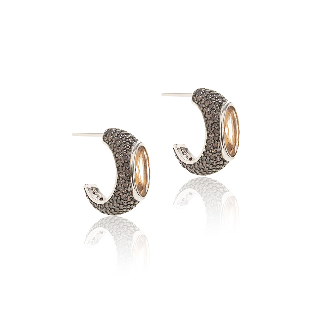 Brinco Argola Oval com Cristal Topázio Fumê e Zircônias Chocolate - Banho de Ródio Branco